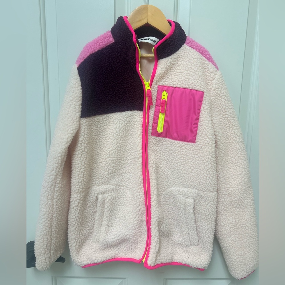 Kids Lands' End Cream Sherpa Jacket with Pink Trim size XL